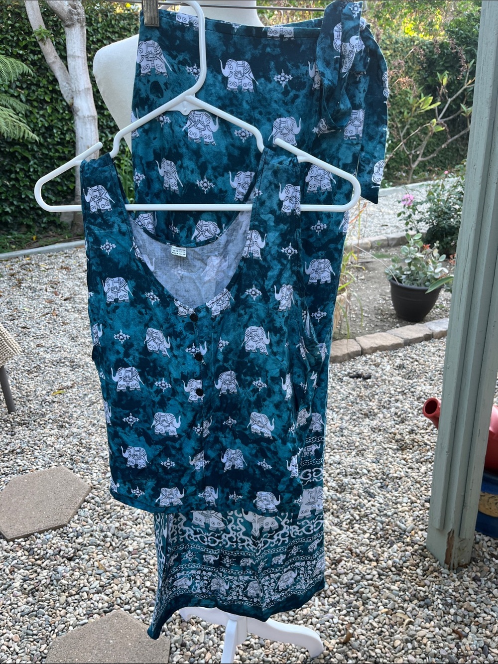 Thailand Cotton Teal Elephant Print Midi Dress Two Piece Skirt and Top Size M/L